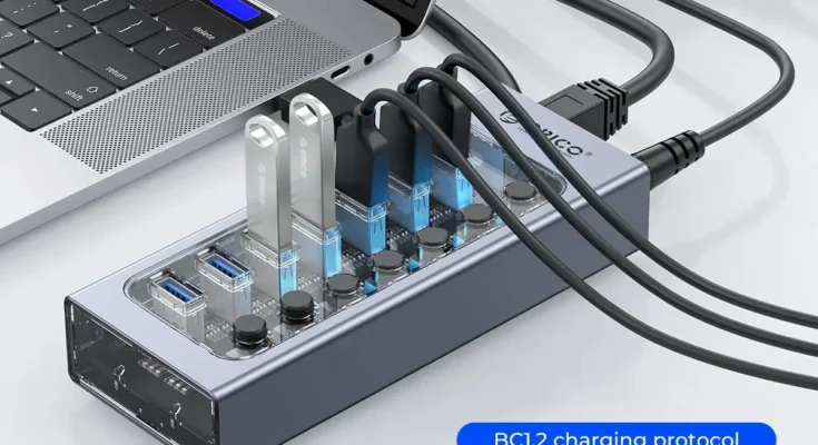 ORICO USB3.0 허브 맥북 휴대 전화 태블릿 용 12v 전원 어댑터가있는 알루미늄 산업용 7 포트 스플리터 스플리트 스위치