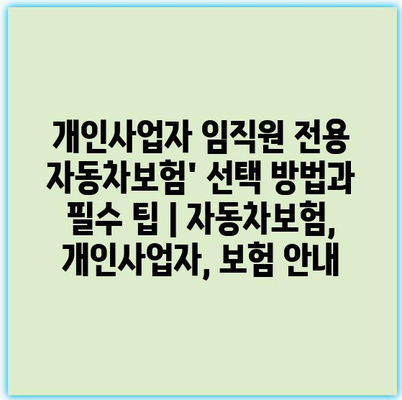 개인사업자 임직원 전용 자동차보험’ 선택 방법과 필수 팁 | 자동차보험, 개인사업자, 보험 안내